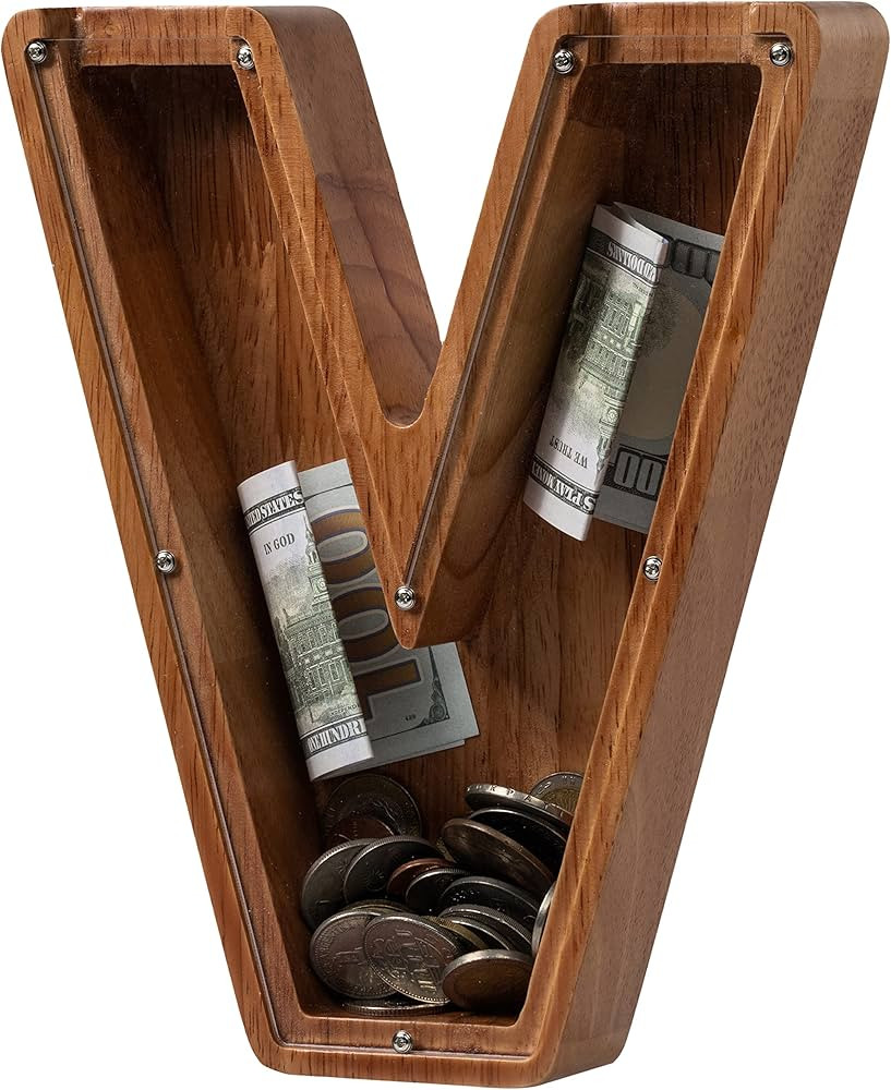 Piggy Bank for Kids Boys Girls, Wooden Large Letter Piggy Bank Alphabet Money Bank with Initial V... | Amazon (US)