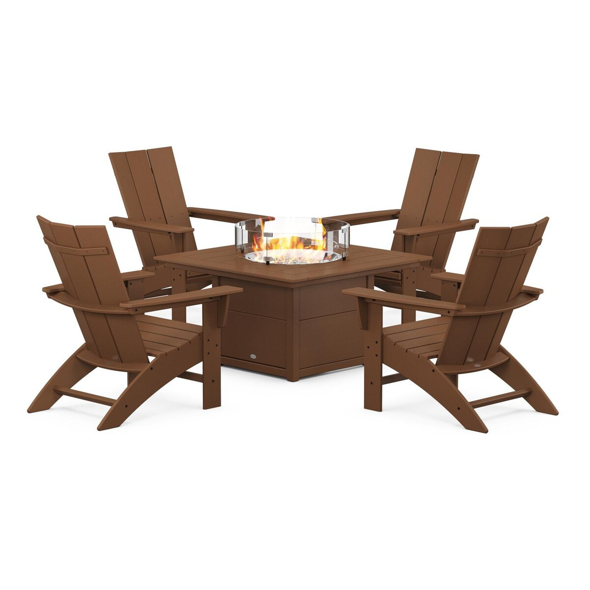 POLYWOOD Modern Adirondack 5 Pc Recycled Plastic Fire Pit Seating Set w/ Curveback Chairs in Teak by - PWS412-1-TE | BBQ Guys