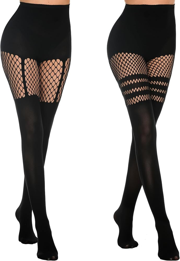 MANZI Womens Faux Thigh High Fishnet Stockings Stitching Opaque Pantyhose Mock Over the Knee Goth... | Amazon (US)