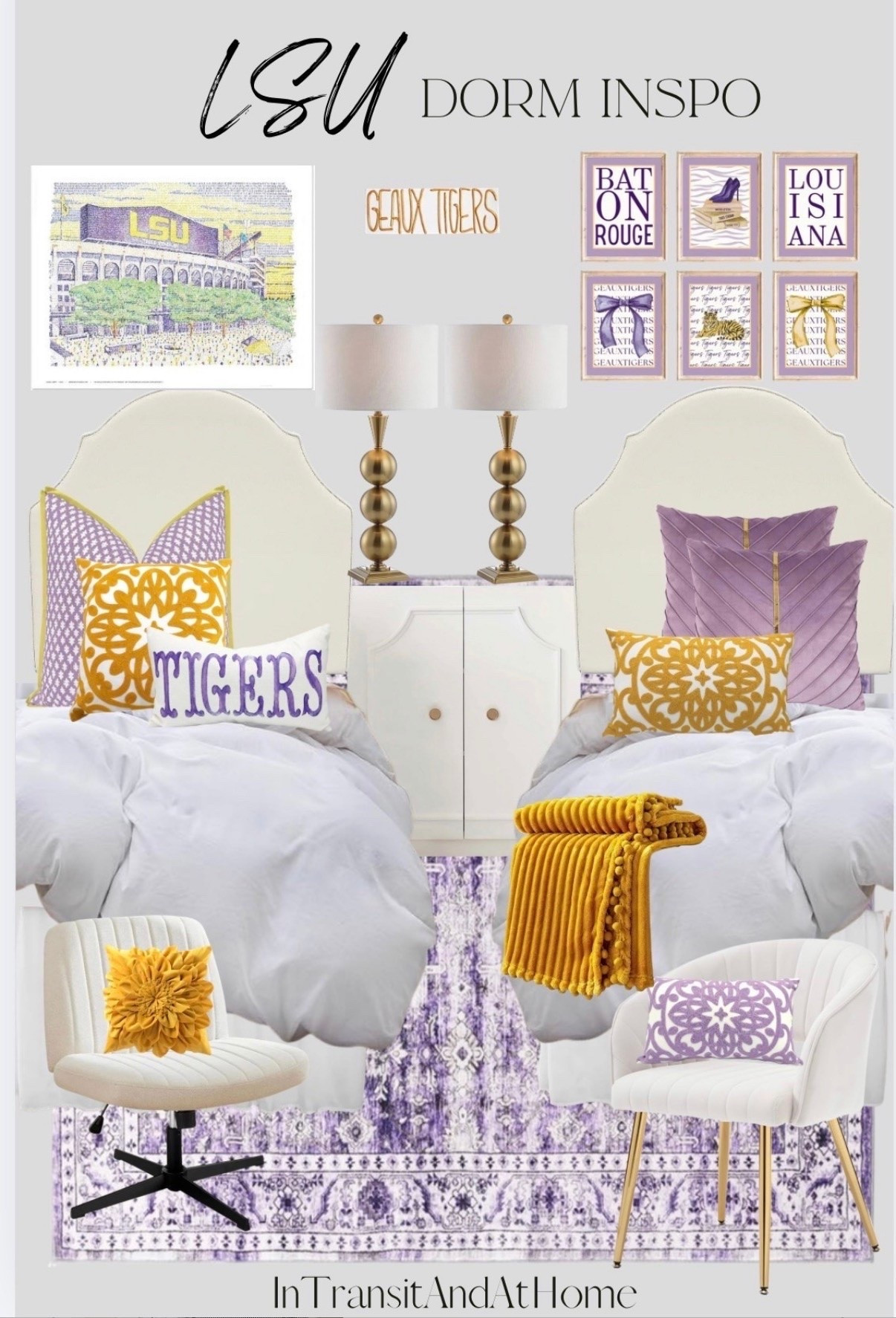 LSU Girls Dorm Inspiration in Lavender and Gold

JONATHAN Y 33" Brass Gold Stacked Orb Metal LED Table Lamp, Contemporary Transitional Iron Bedside Lamp for Living Room Bedroom, White Linen Drum Shade, LED Bulb Included JYL3021A
Purple Throw Pillow Covers 18 x 18 Pack of 2 with Gold Leather Soft Velvet Decorative Couch Pillow Cover Luxury Modern Pillowcases Spring Summer Home Decor for Sofa Bed Living Room
Alysheer Embroidered Lumbar Decorative Throw Pillow Cover 12"x 20", Classic Boho Mandala Embroidery Pattern Cotton Rectangular Cushion Case for Sofa Couch Living Room Bedroom(Lavender)
OiseauVoler Decorative 3D Flower Throw Pillow Covers Soft Velvet Handmade Pillowcases Cushion Covers for Couch Bed Living Room Home Decor 18x18 Inch Yellow
LSU Tiger Gold on 6x6 White Canvas with 4x4 Purple Canvas Glass Overlay (Comes Clear Wrapped with Tiger Charm)
Louisiana Dorm Art Prints: Purple Gold Big Cat Decor (Set of 6) (Digital Download)
Carvapet 5x7 Large Purple Rugs for Living Room Bedroom, 5 x 7 Washable Lavender Vintage Low Pile Carpet Floral with Rubber Backing, Foldable, Non Slip Thin Area Rug

#lsu #lsudorm #lsudormideas #lavendardorm #dormessentials #dormbedframe #dormheadboard #dormcabinet #dormlamp #lsuwallart #lsuthrow #goldpillow #lavendarpillow #yellowpillow #collegedorm #college

#LTKdayinmylife #LTKU #LTKmomlife
