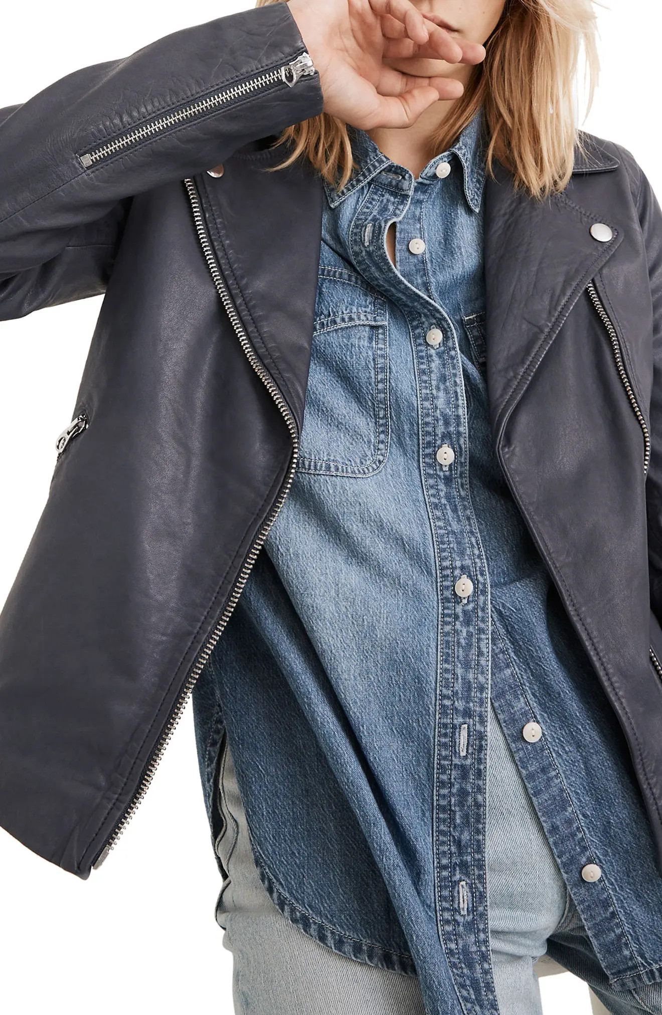 Madewell Washed Leather Moto Jacket, Size Small in Sunfaded Indigo at Nordstrom | Nordstrom