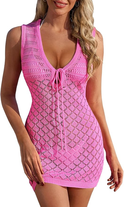 FAIRY SEASON Swimsuit Coverup for Women Crochet Swim Cover Ups Mesh Knit Hollow Out Front Tie Sle... | Amazon (US)