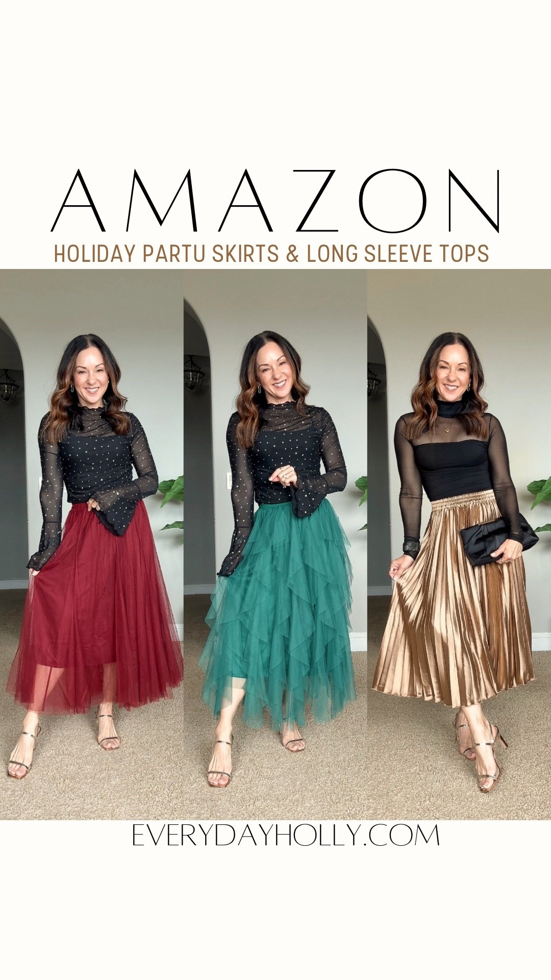Amazon Holiday Party Skirts and long sleeve tops and bodysuit.  Wearing the smallest size in everything. For ref. I'm 5'1", 109lbs. Tulle skirts, metallic pleated skirt, rhinestone mesh top and sheer ruched bodysuit. #affordablestyle #amazonfinds

#LTKSeasonal #LTKHoliday #LTKPetite