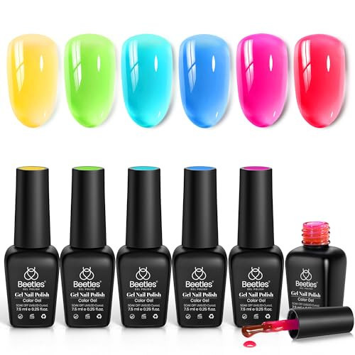 Beetles Jelly Gel Nail Polish Set, 6 Colors Summer Neon Gel Nail Polish Kit Sheer Transparent Effect Hot Pink Red Blue Yellow Green French Nail Art Tropical Glow Series Manicure Gift for Women | Amazon (US)