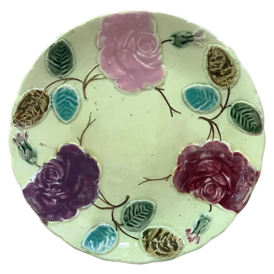 Majolica Roses Plate Saint Amand, circa 1890 | 1stDibs