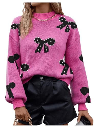 BEAUDRM Women's Bow Print Sweater Long Sleeve Mock Neck Drop Shoulder Knit Pullover Sweaters Pink Large | Amazon (US)
