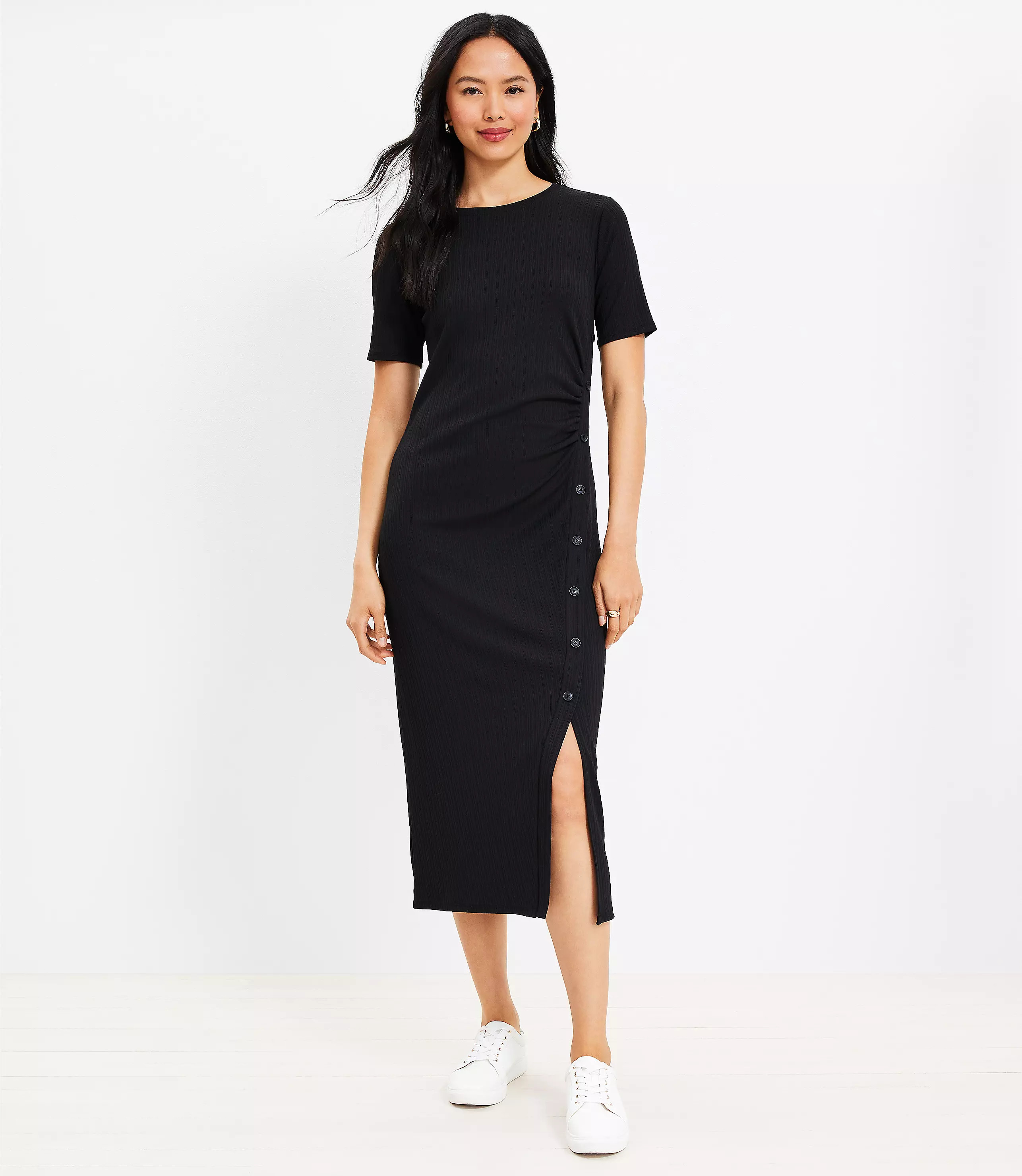 Ribbed Button Trim Midi Dress | LOFT