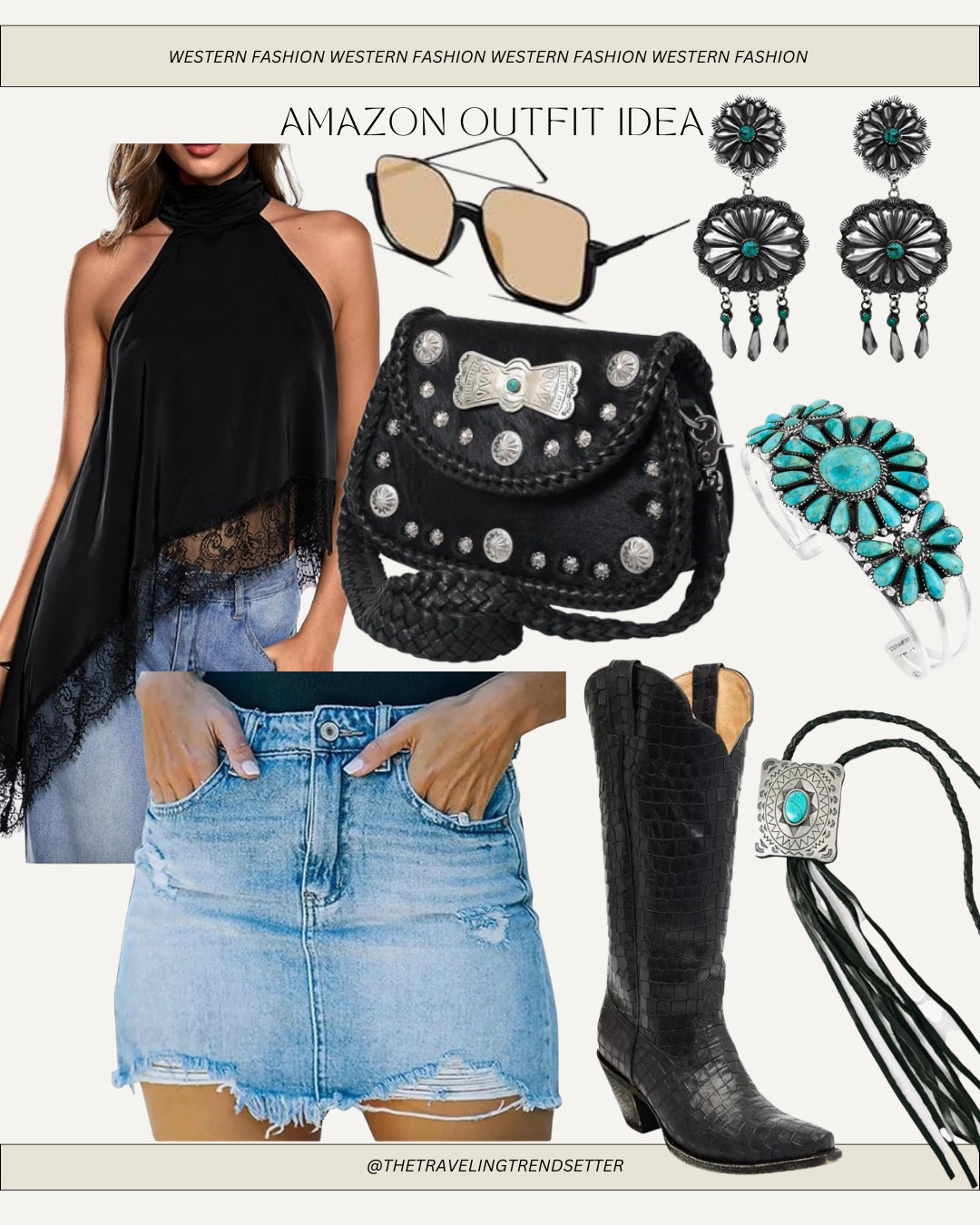 Ella Langley concert outfit idea western fashion concert outfit idea Amazon fashion denim skirt, mini denim skirt, black cowgirl, boots, bolo, western purse, turquoise authentic jewelry, summer spring, travel, music, festivals, country concert outfit idea

#LTKTravel #LTKFestival #LTKootd