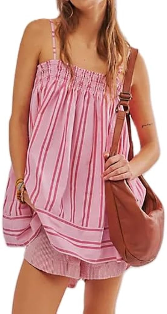 DSORVICD Women Y2k Pajama Set Striped Sleeveless Flowy Hem Crop Top+High Waist Lounge Shorts Boho... | Amazon (US)