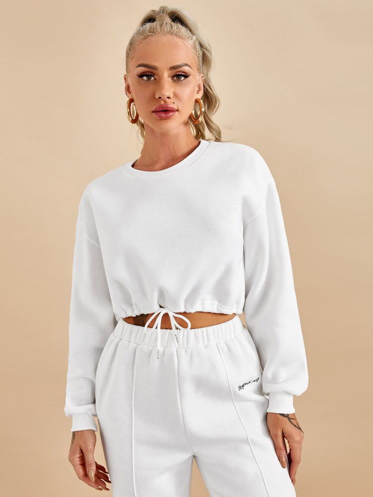 Thermal Lined Drawstring Hem Crop Sweatshirt | SHEIN