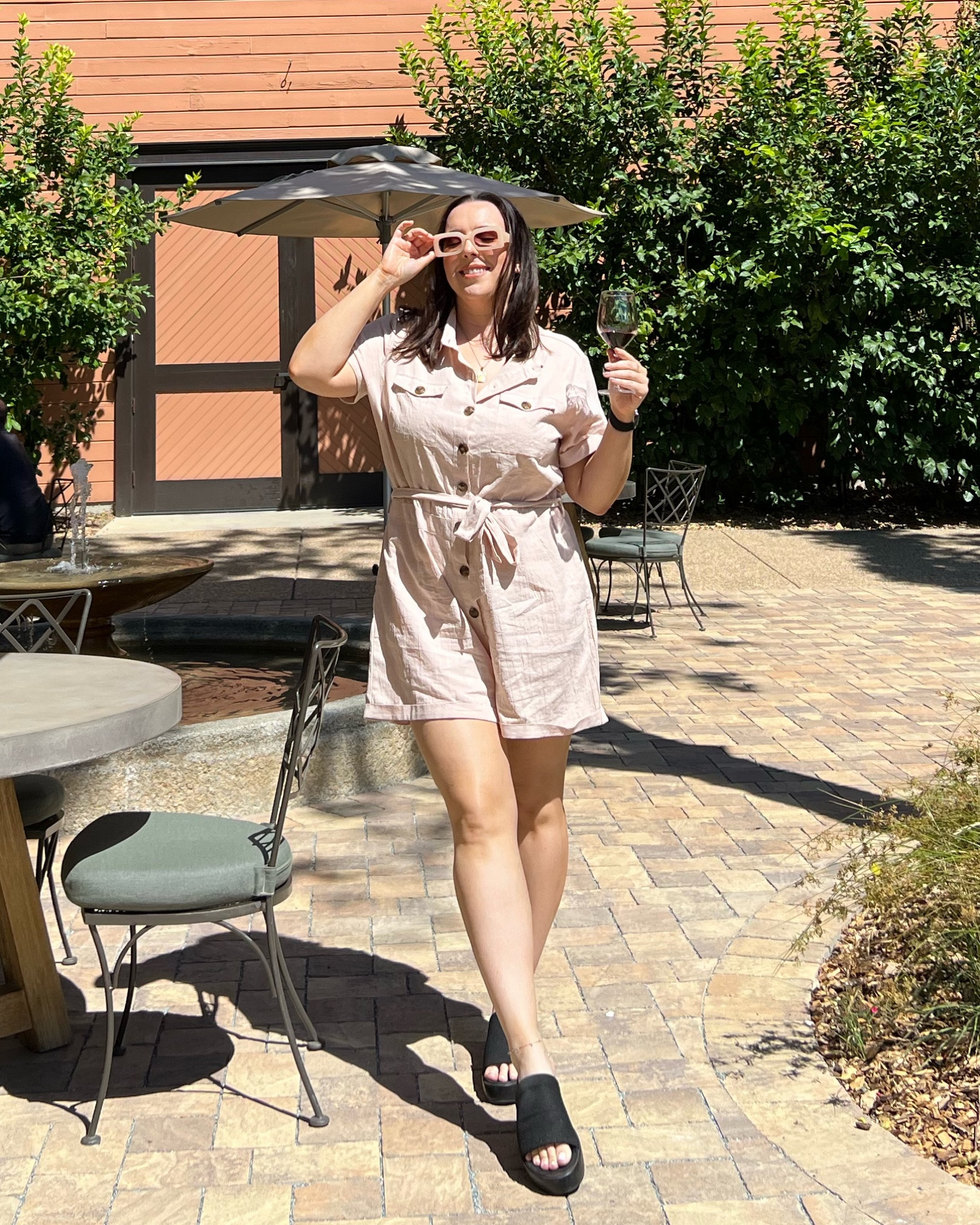 What to wear wine tasting / wine tasting outfit / beige jumpsuit / beige romper / beige sunglasses / slide sandals 

#LTKFind #LTKmidsize #LTKshoecrush