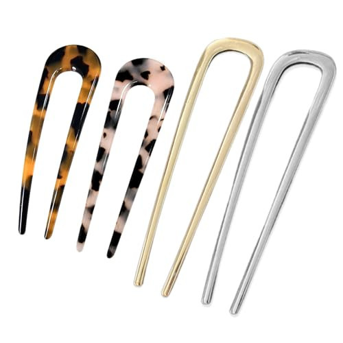 KEYRI 4 PCS French Hair Pins U-Shaped Hair Pins Delicate French Twist Pins for Variety Occasions Gold and Silver Hair Clips Dark and Light Tortoiseshell Clips for Women and Girls (Metal and Acetate) | Amazon (UK)
