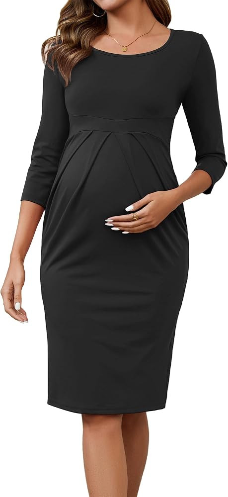 Women's Work Maternity Dresses Semi Formal 3/4 Sleeves Front Pleated Office Pregnancy Business Dr... | Amazon (US)