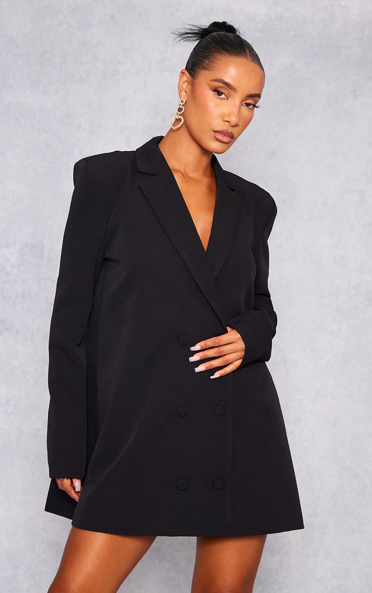 Black Structured Woven Oversized Button Blazer Dress | PrettyLittleThing US