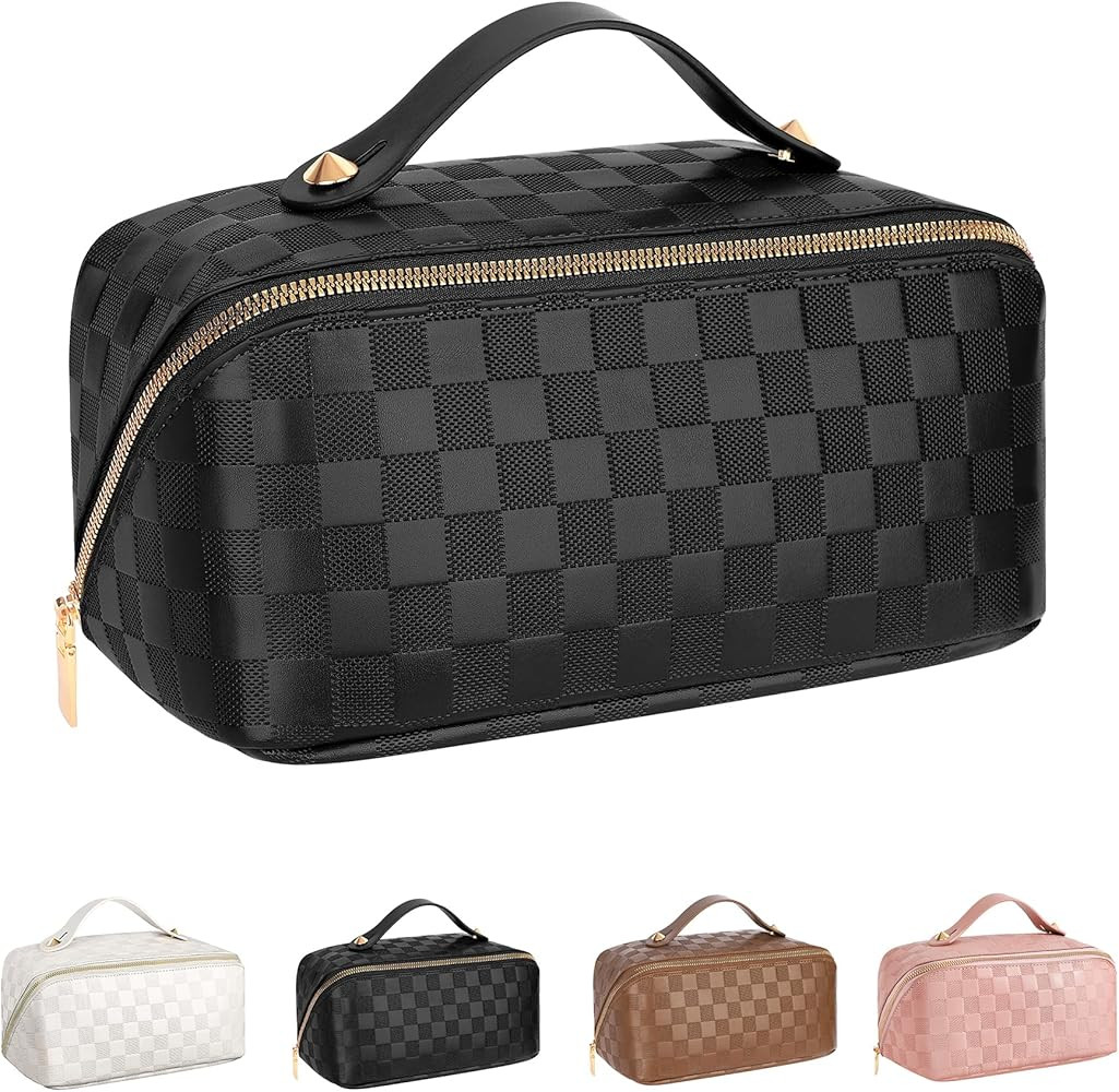 Large Capacity Travel Cosmetic Bag - Portable Makeup Bags for Women Waterproof PU Leather Checker... | Amazon (US)