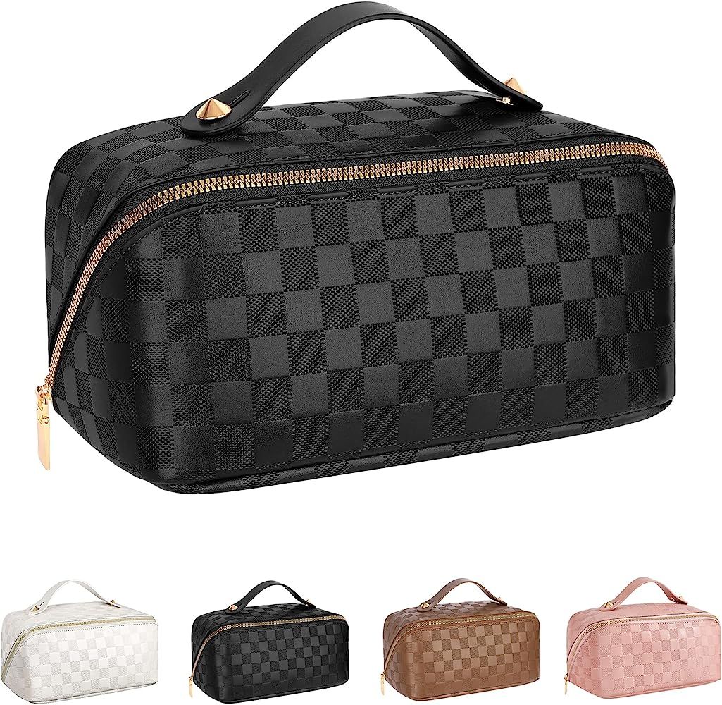 Large Capacity Travel Cosmetic Bag - Portable Makeup Bags for Women Waterproof PU Leather Checker... | Amazon (US)