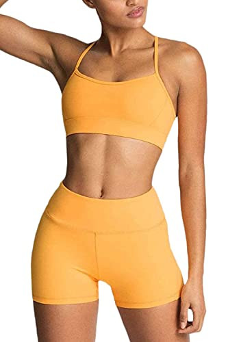 Workout Sets for Women 2 Piece Yoga Outfit: Tracksuits High Waisted Running Biker Shorts with Adjustable Strap Sport Bra Exercise Running Clothes Athletic Gym Sets Matching Active Wear Yellow XS | Amazon (US)