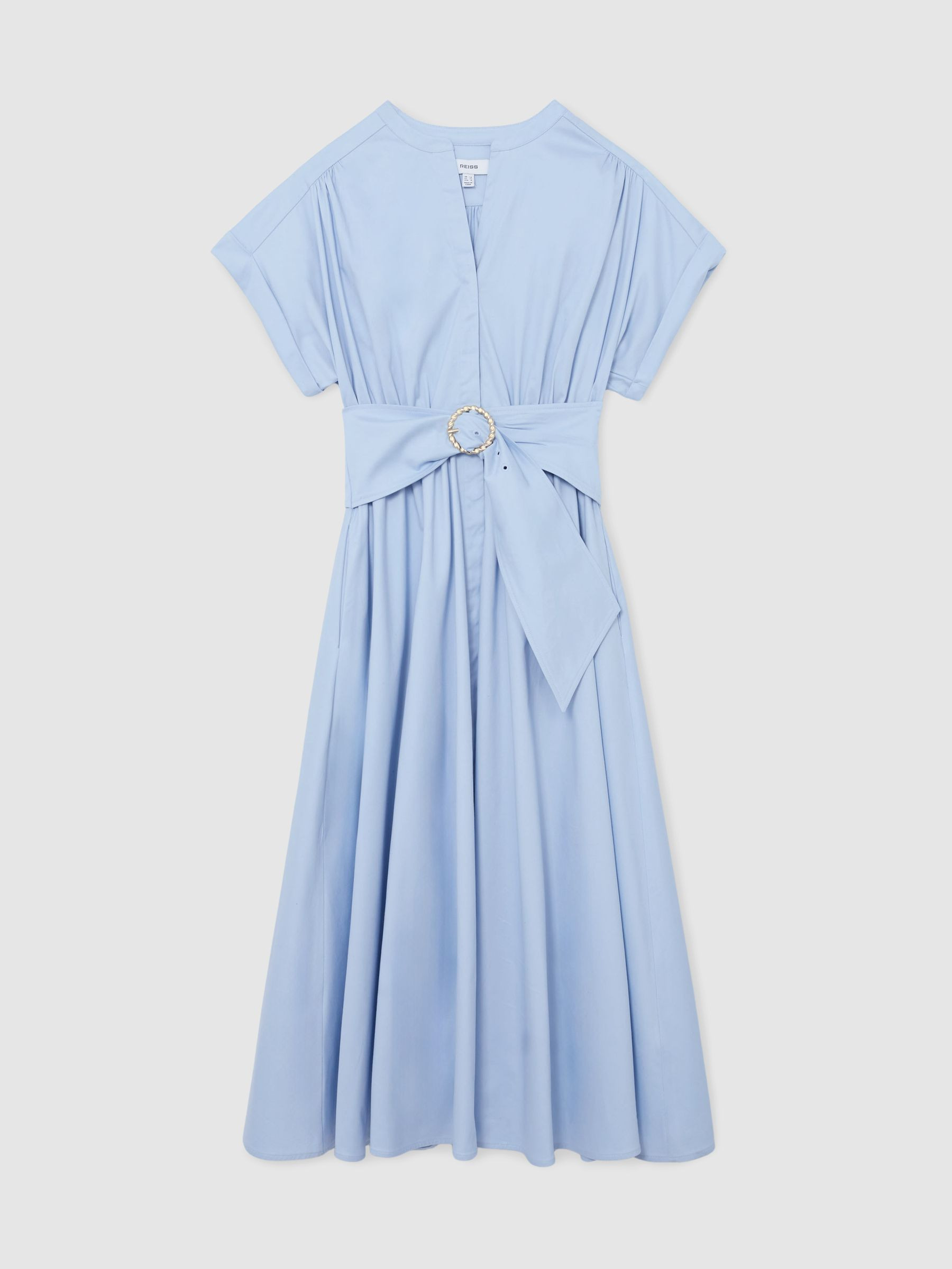 Reiss Cotton Short-Sleeve Belted Midi Dress with Stretch in Blue - REISS | Reiss UK