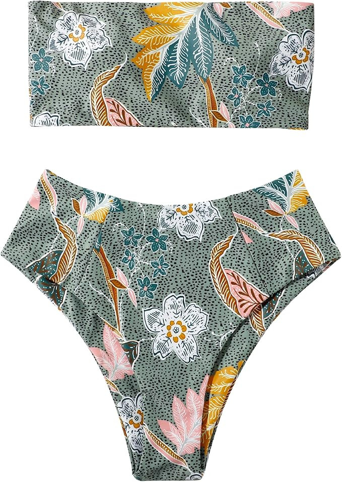 OMKAGI Women's 2 Pieces Bandeau Bikini Swimsuits Off Shoulder High Waist Bathing Suit High Cut | Amazon (US)