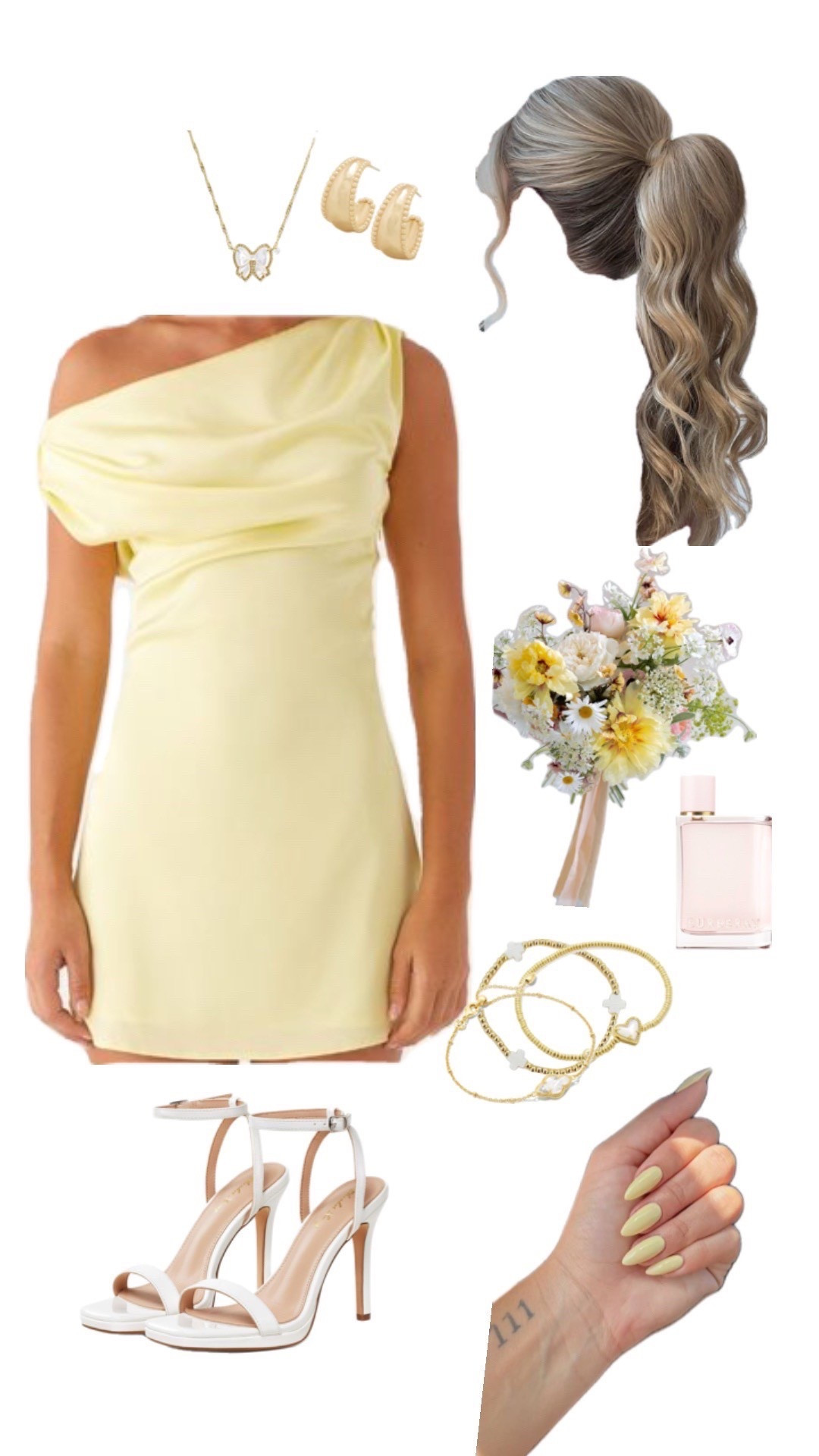 Soft + sunny vibes ☀️✨ This pastel yellow satin mini is giving the ultimate homecoming elegance. Styled with white heels, dainty gold jewelry, a chic ponytail, and matching nails—it’s the perfect look for Hoco, weddings, or any special night out 💛

yellow satin dress, pastel yellow dress, homecoming dress inspo, hoco dress ideas, one shoulder dress, elegant mini dress, wedding guest outfit inspo, spring party dress, white strappy heels, dainty gold jewelry, butterfly necklace, chic ponytail hairstyle, yellow nail inspo, feminine outfit inspo, soft glam style, girly fashion inspo
#LTKHomecoming 

#LTKParties #LTKStyleTip #LTKSeasonal