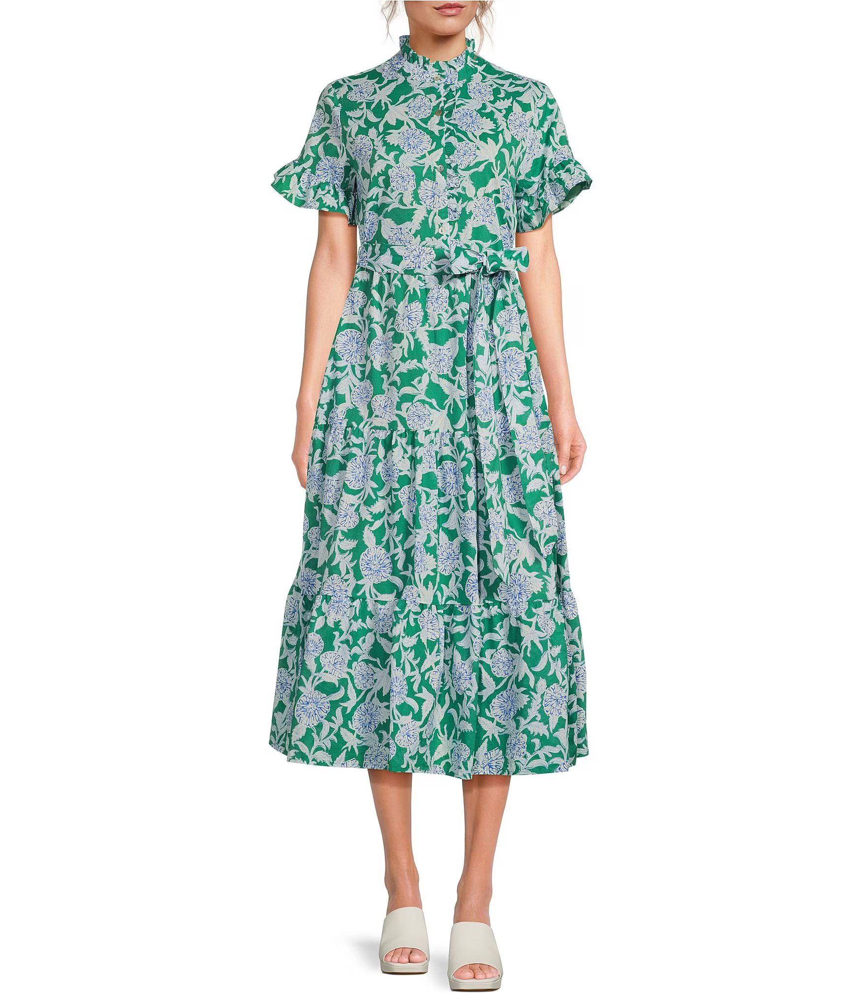 J.Marie Merritt Button Front Short Ruffled Sleeve Midi Dress | Dillard's | Dillard's