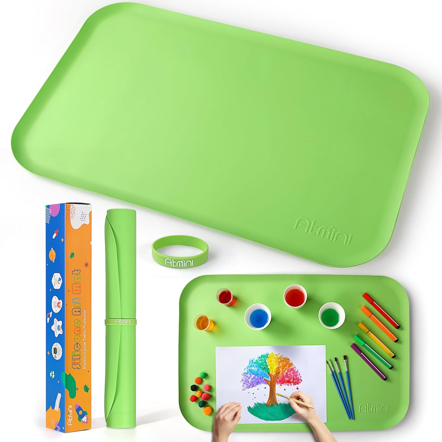 AtMini Silicone Craft Mats for Kids 24"x16"– with Raised Lip & Non-Slip | Reusable Silicone Art Mat for Play Sand, Painting, DIY Crafts | Durable Design (Green) | Amazon (US)