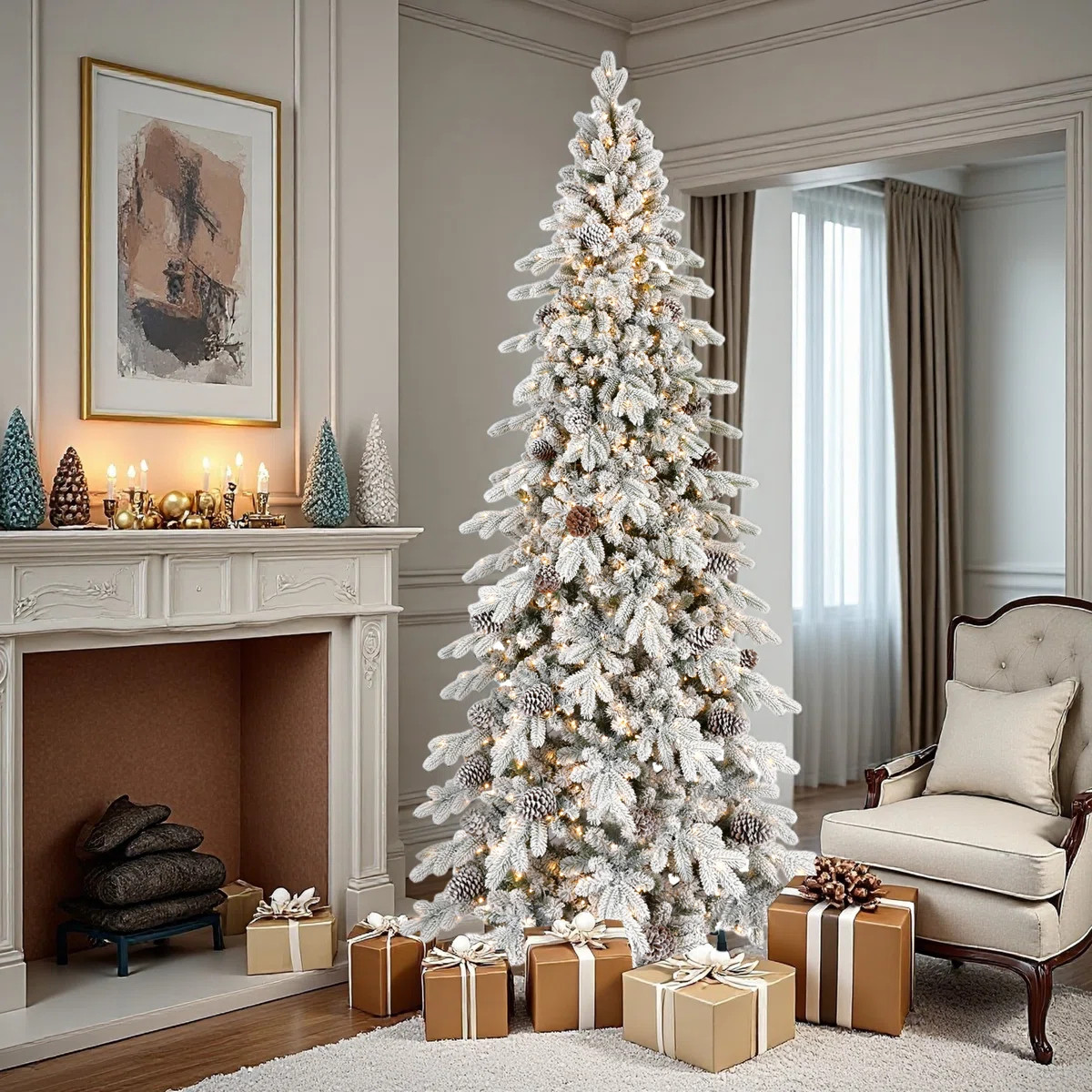 Pre-lit Slim Flocked Artificial Christmas Tree with Metal Stand | Wayfair North America