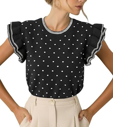 Saodimallsu Womens Ruffle Short Sleeve Sweaters Polka Dots Casual Crew Neck Flutter Sleeve Knit S... | Amazon (US)