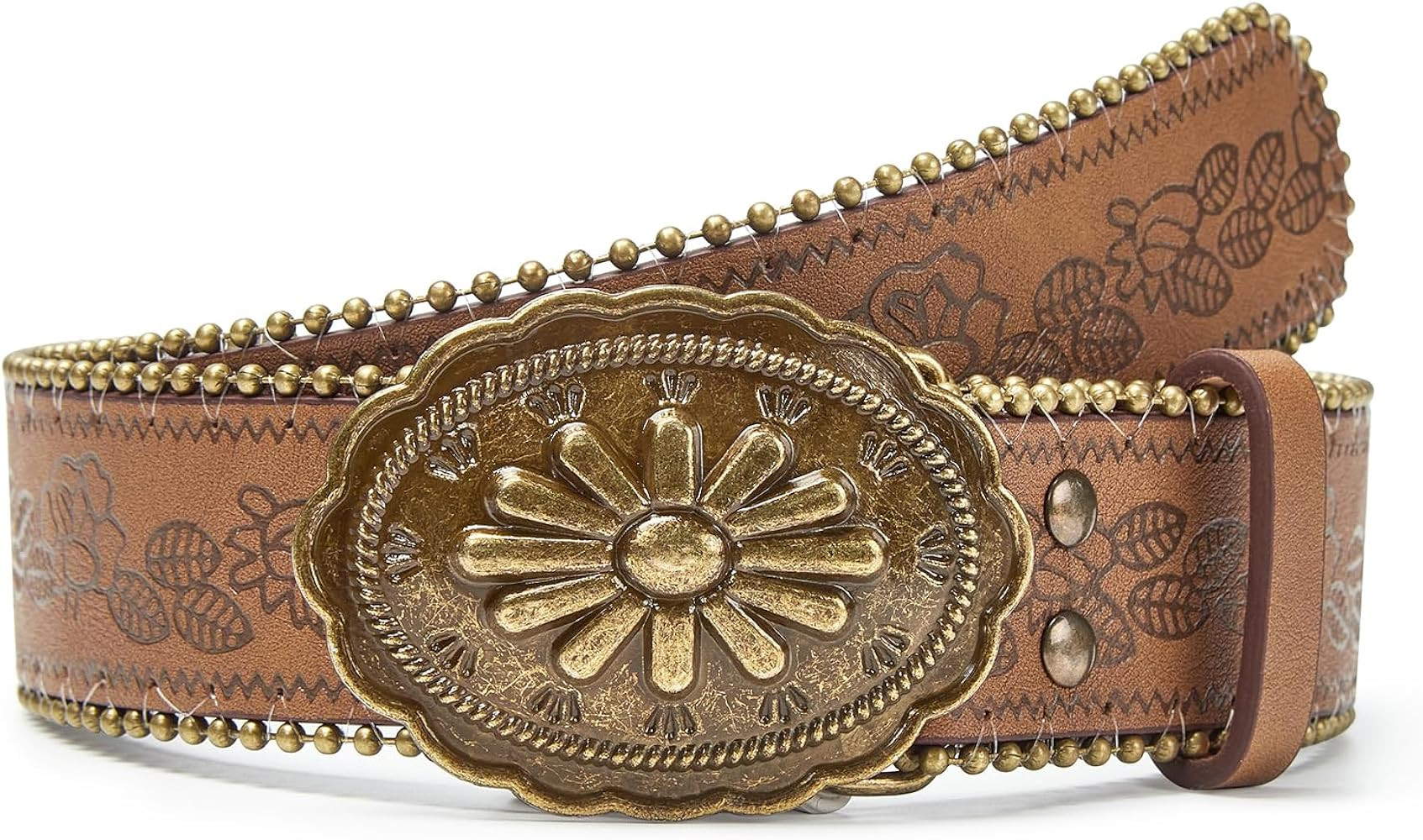 Western Belt for Women Cowgirl Cowboy PU Leather Belts for Jeans, Floral Embossed Vintage Buckle | Amazon (US)