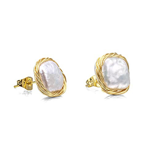 Cowlyn Pearl Stud Earrings Real Baroque Cultured 18K Gold Wrapped Silk Handmade Hypoallergenic Jewelry for Women 0.6" x0.6" | Amazon (US)