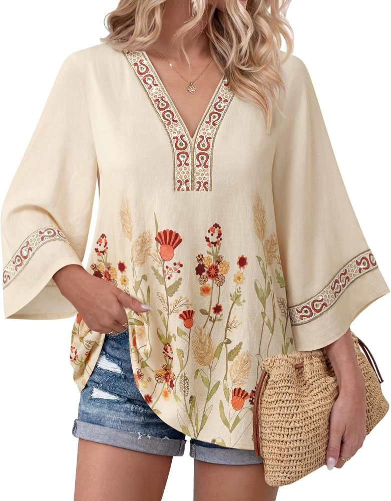 Bebonnie Womens 3/4 Sleeve Embroidered V Neck Boho Blouses Old Money Dressy Casual Tunic Tops | Amazon (US)