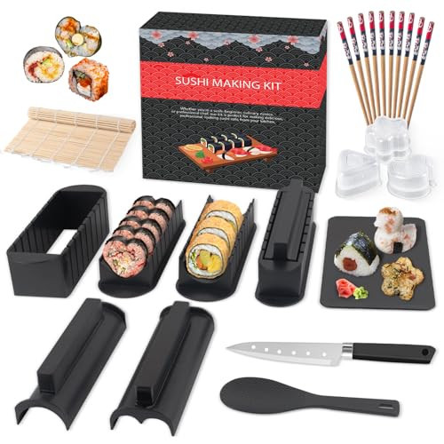 HI NINGER Sushi Maker Set, 24-piece sushi maker kit for beginners to make their own sushi. Can be used as a sushi plate with rice roll molds, knife, sushi plate,sushi rolling mat (Black) | Amazon (US)