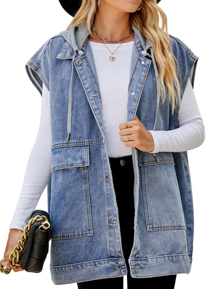 Xunger Women’s Sleeveless Hooded Denim Jacket Hoodie Casual Oversized Button Denim Vests With D... | Amazon (US)