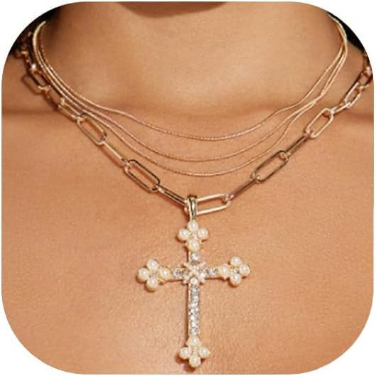 Women Cross Gold Necklaces Layered Pendant 14k Gold Plated Choker Necklaces Christian Jewelry Cha... | Amazon (US)
