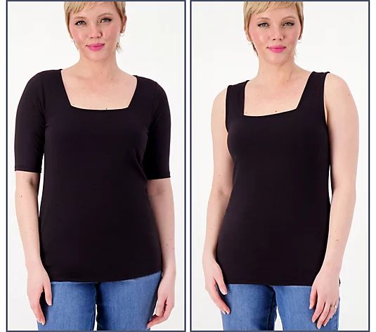 Girl With Curves Square Neck Knit Top and Tank Set | QVC