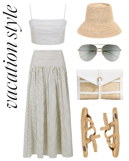 Spring break outfit 🤍 Skirt and top set, vacation style, bucket hat, woven sandals, resortwear, vacation outfit 

#LTKSeasonal #LTKfindsunder100