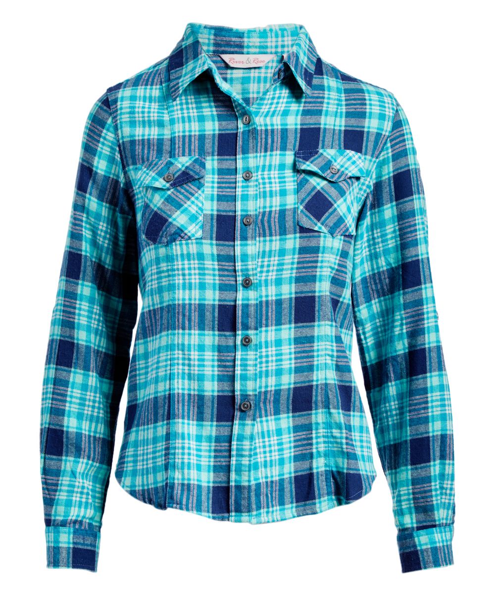 River & Rose Women's Button Down Shirts Aqua/Blue-248 - Aqua & Blue Plaid Flannel Button-Up - Women | Zulily