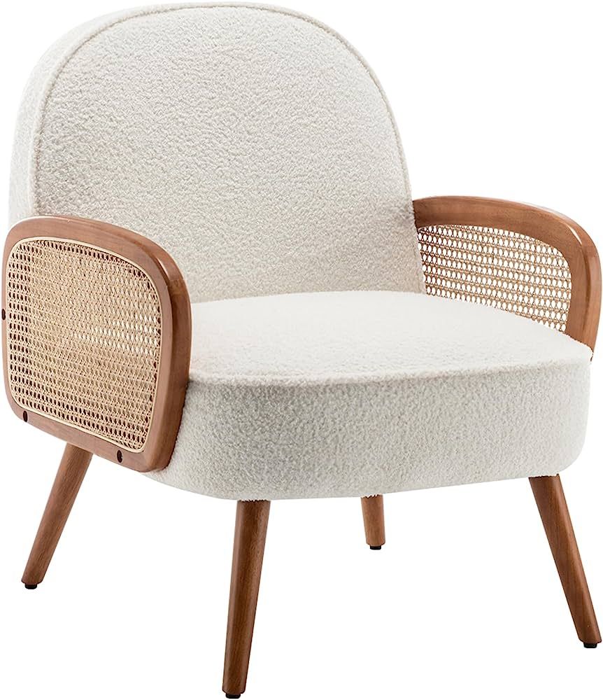 Aklaus Mid Century Modern Accent Chair Armchair with Rattan Arms Upholstered Rattan Hobo Accent C... | Amazon (US)