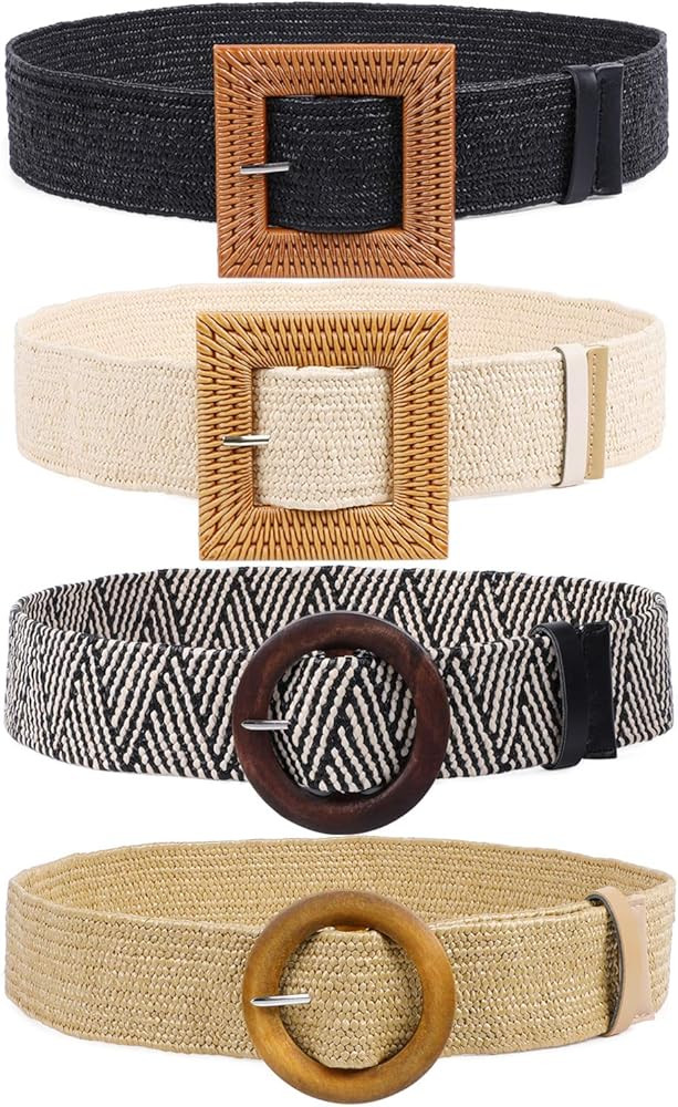 Set of 4 Straw Woven Elastic Stretch Waist Belts for Women, Fashion Boho Ladies Braided Skinny Dr... | Amazon (US)