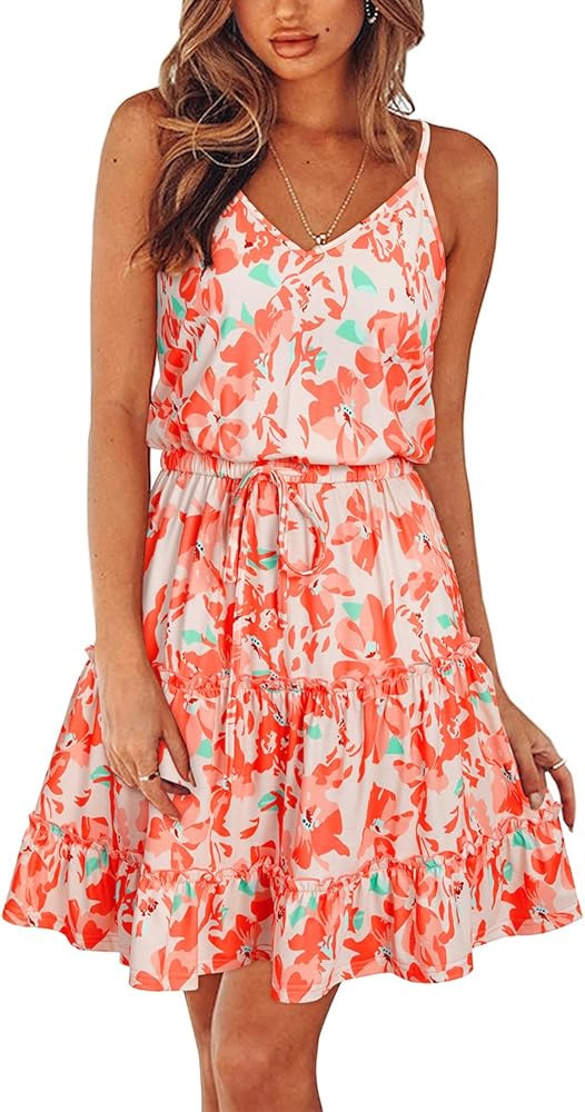 Newshows Women's 2025 Summer Dress Spaghetti Strap Casual Boho Beach Vacation Outfits Drawstring ... | Amazon (US)