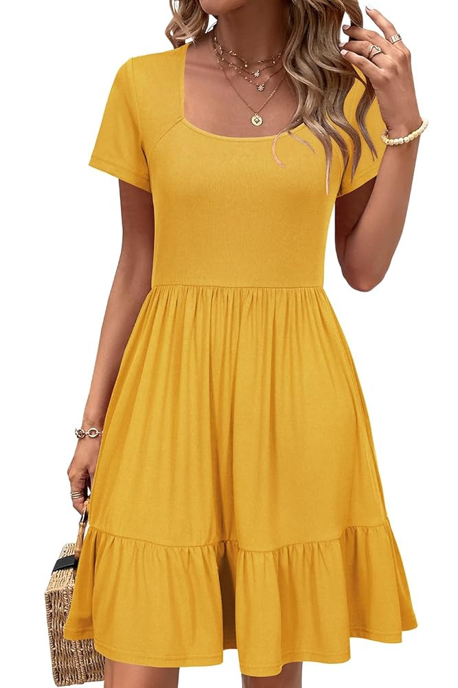 Newshows Women 2025 Summer Dress Square Neck Formal Short Sleeve Business Casual Outfits Ruffle S... | Amazon (US)