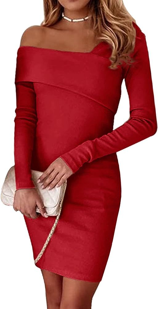 PRETTYGARDEN Women's 2023 Off Shoulder Bodycon Dresses Asymmetrical Neck Long Sleeve Backless Fal... | Amazon (US)
