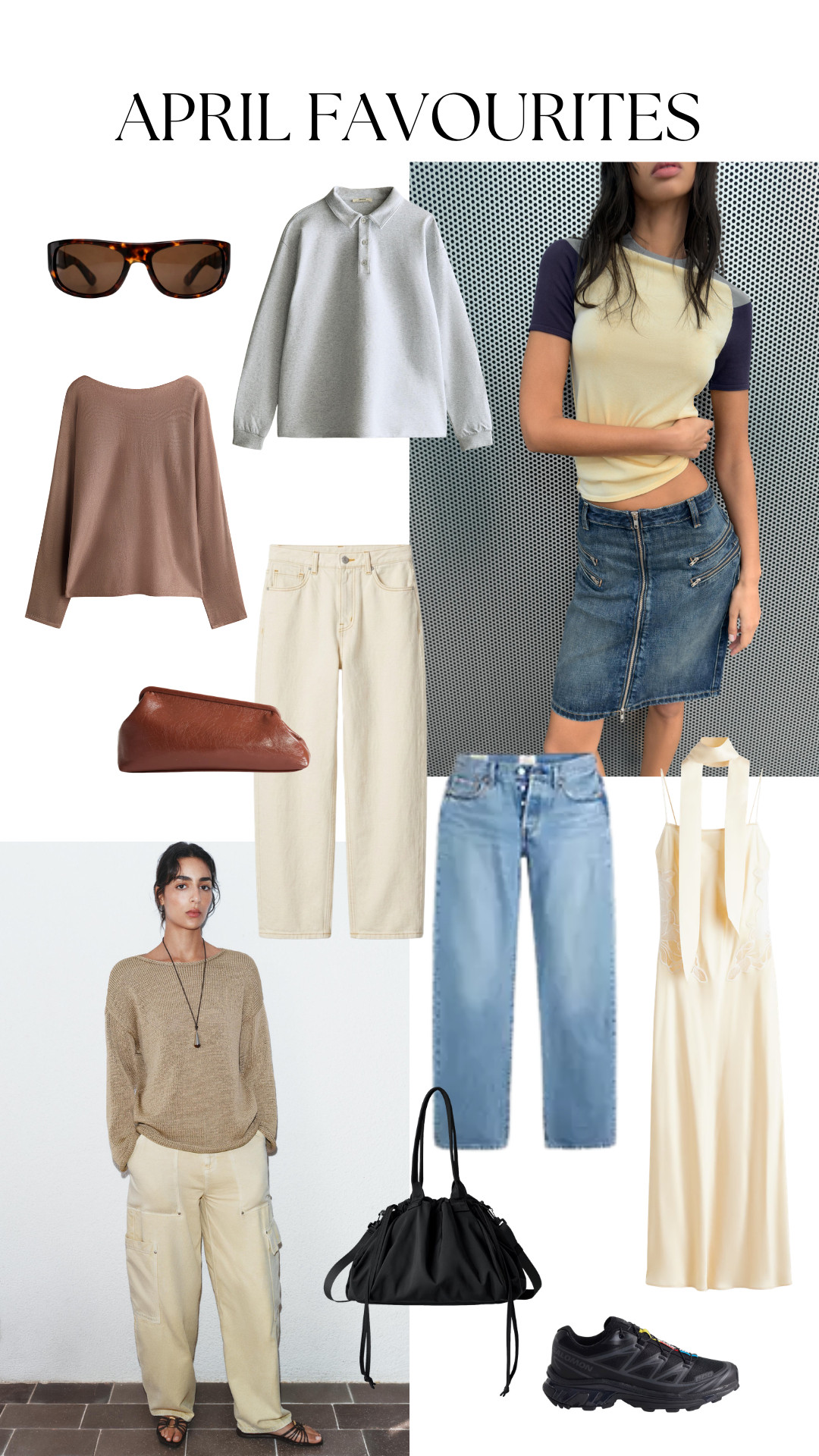 April favourites, spring style, Mango new in, neutral tones, soft beige, cream denim, wide leg jeans, denim skirt, blue jeans, knit jumper, lightweight sweater, long sleeve top, polo sweatshirt, cargo trousers, summer dress, satin dress, scarf detail dress, tortoiseshell sunglasses, brown clutch bag, black slouchy bag, black trainers, casual chic, everyday outfits, off-duty look, minimal style, elevated basics, capsule wardrobe, street style, weekend outfit, effortless style 

 #LTKuk #LTKspring #LTKjeans