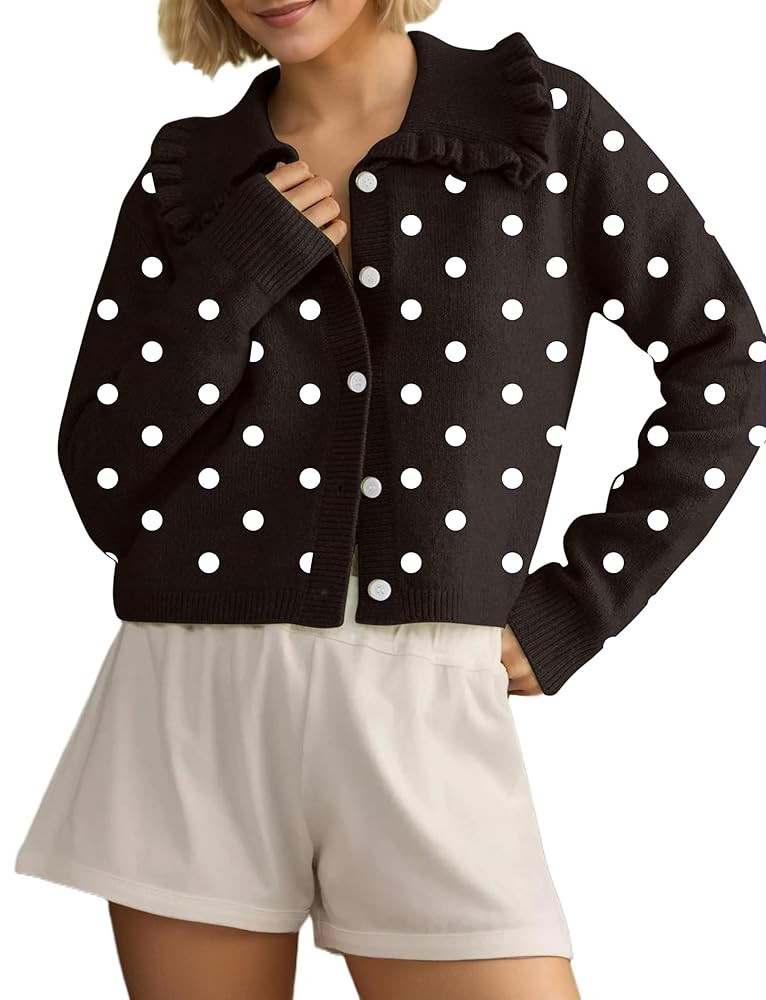 Womens Ruffle Collar Cardigan Sweater Button Up Open Front Fall Knit Jackets Cute Long Sleeve But... | Amazon (US)