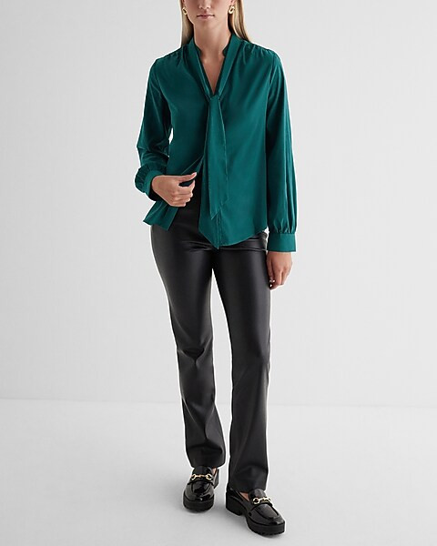 Relaxed Satin Long Sleeve Tie Neck Portofino Shirt | Express