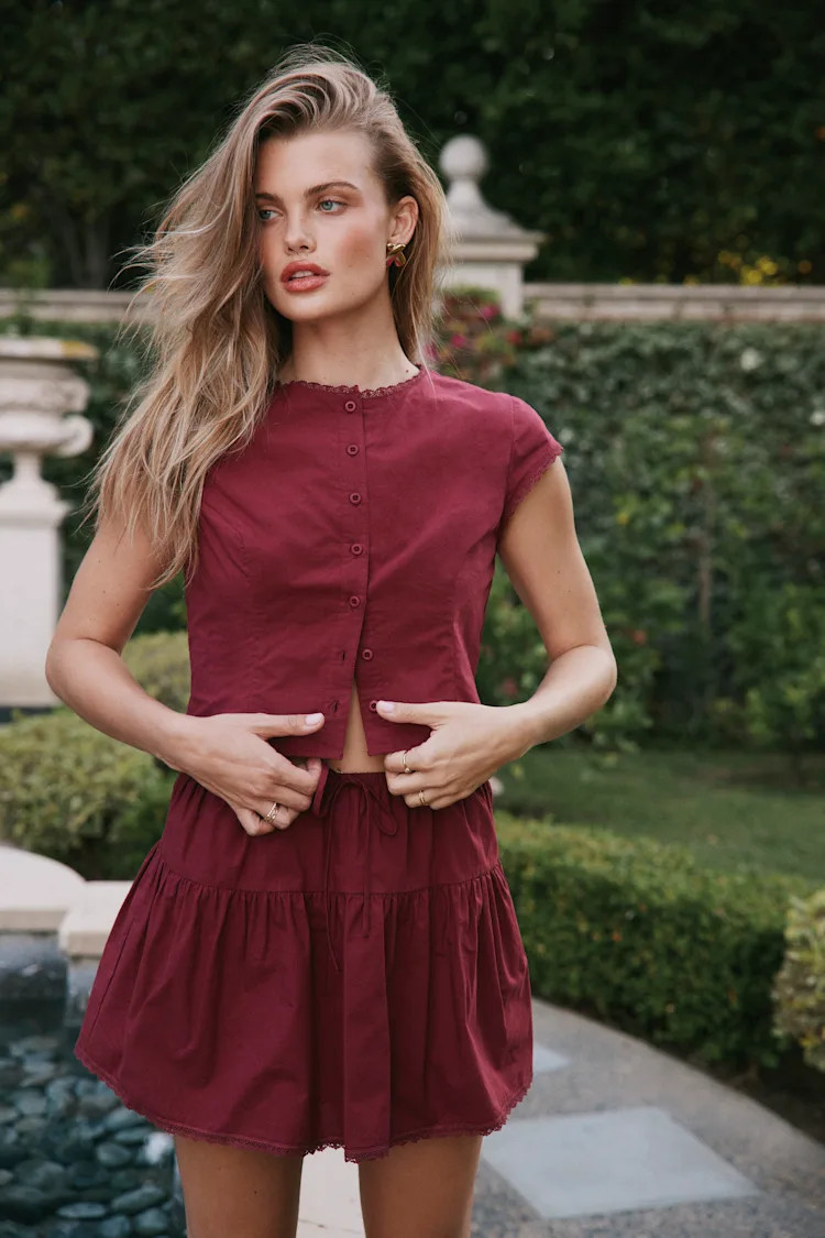 Melicia Burgundy Button-Front Cap Sleeve Crop Top | Lulus