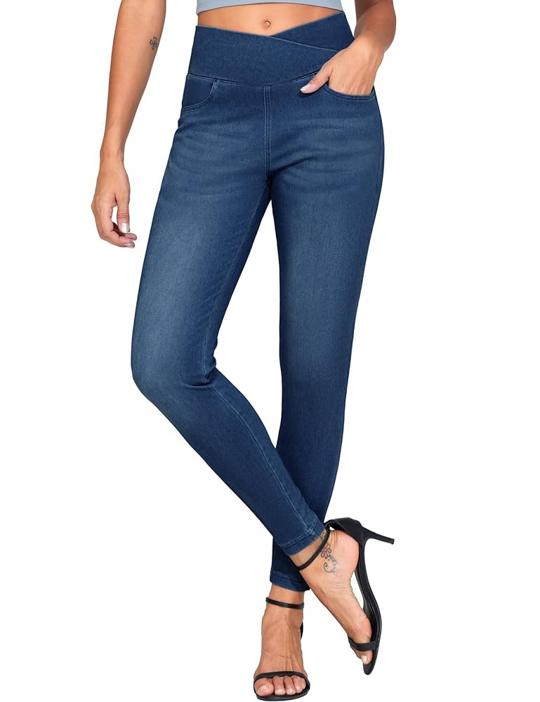THE GYM PEOPLE Women's V Cross Denim Jegging Pants High Waisted Stretchy Skinny Jean Leggings wit... | Amazon (US)
