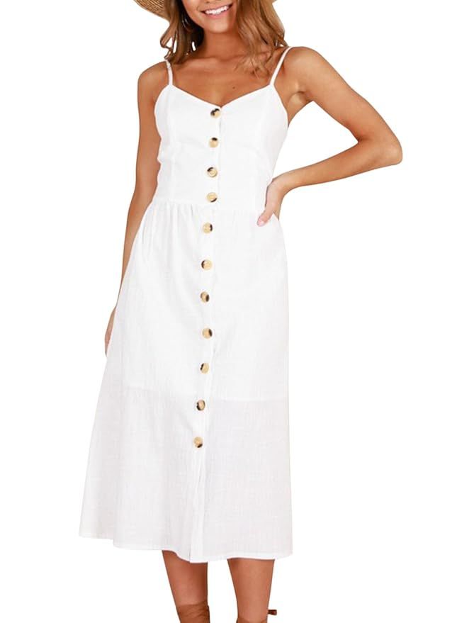 ZESICA Women's Summer Spaghetti Strap Solid Color Button Down Swing Midi Dress | Amazon (US)