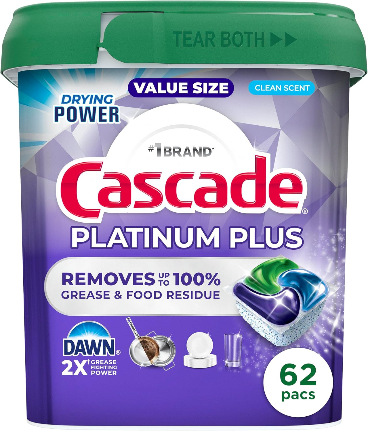 Cascade Platinum Plus Dishwasher Pods, Dish Detergent Soap, Fresh, 62 Count | Amazon (US)