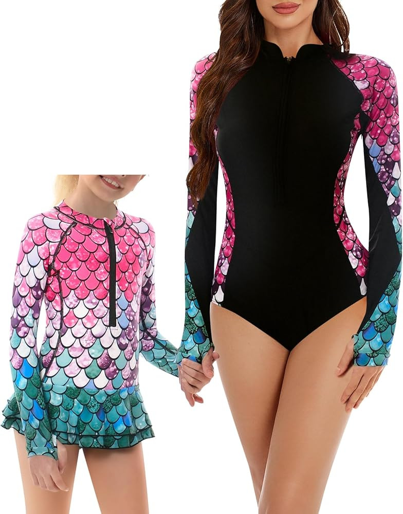 Women and Girls Matching Swimsuit: Long Sleeve One Piece Rash Guard Bathing Suit UPF 50+ (Please ... | Amazon (US)